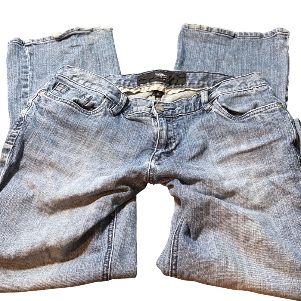 Y2K Low Rise Denim Medium Wash Flare Leg Jeans Blue Distressed